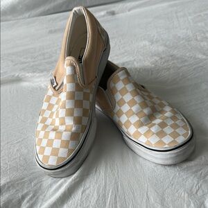 Vans Tan and White Slip-On Sneakers with Checkerboard Design